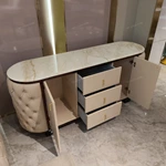 Oval Marble-Top Sideboard with Deep Button-Tufted Leather Panels and High-Gloss Lacquer Frame